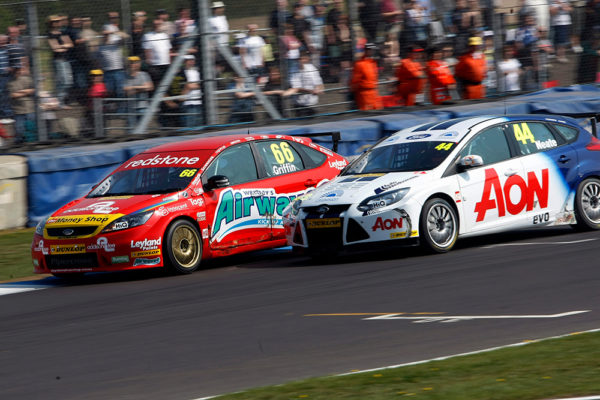 Rounds 4-6 British Touring Car Championship at Donington Park, Derbyshire.#66 Liam Griffin (GBR). Airwaves Racing. Ford Focus & #44 Andy Neate (GBR). Team AON. Global Ford Focus.