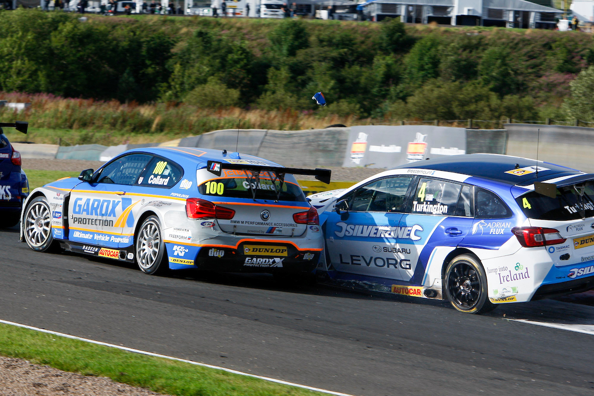 Colin Turkington (GBR) No.4 Subaru Team BMR Subaru Levorg GT & Robert Collard (GBR) No.100 Team JCT600 With GardX BMW 125i M Sport in the British Touring Car Championship Race 3 at Knockhill,Fife,UK on 14 August 2016. Lanyon/PSP Images