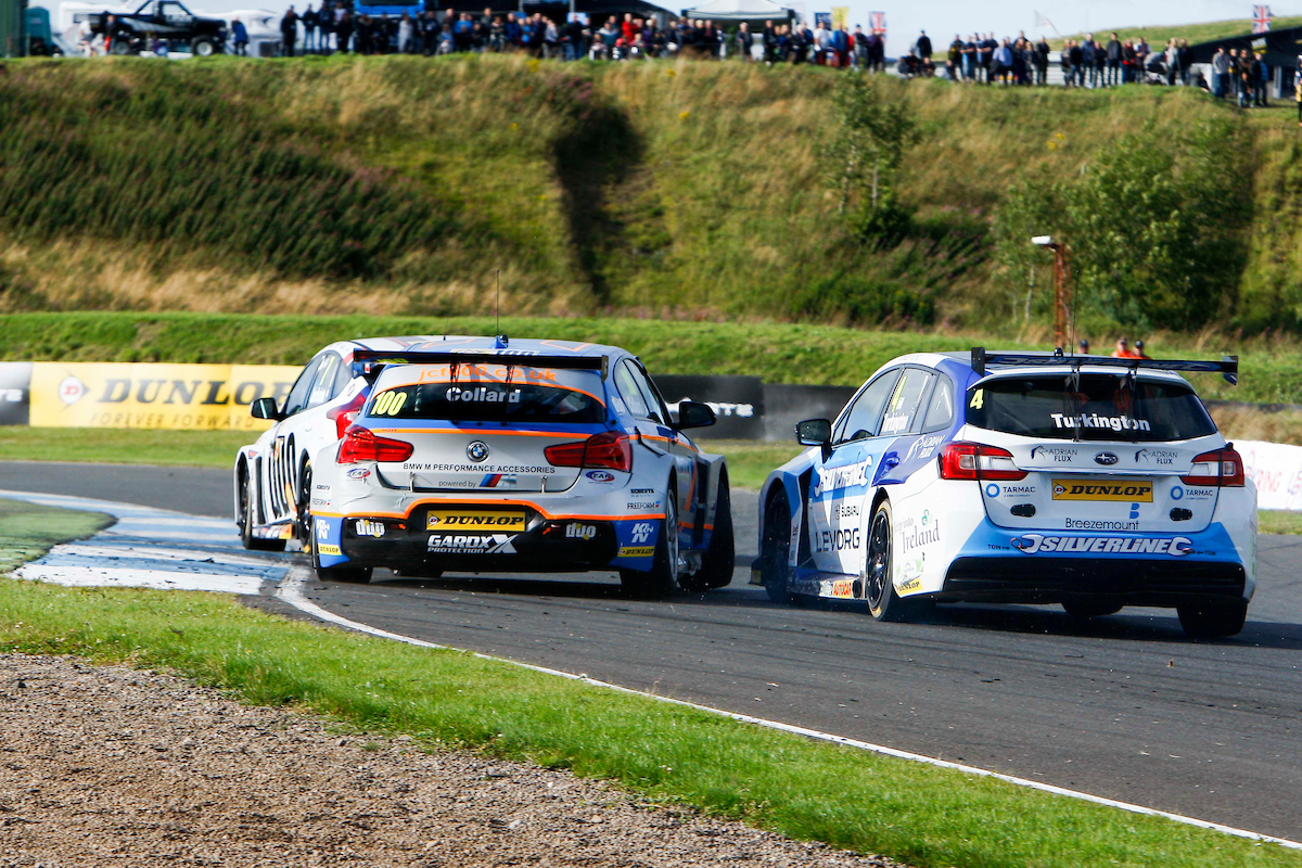 Robert Collard (GBR) No.100 Team JCT600 With GardX BMW 125i M Sport & Colin Turkington (GBR) No.4 Subaru Team BMR Subaru Levorg GT in the British Touring Car Championship Race 3 at Knockhill,Fife,UK on 14 August 2016. Lanyon/PSP Images